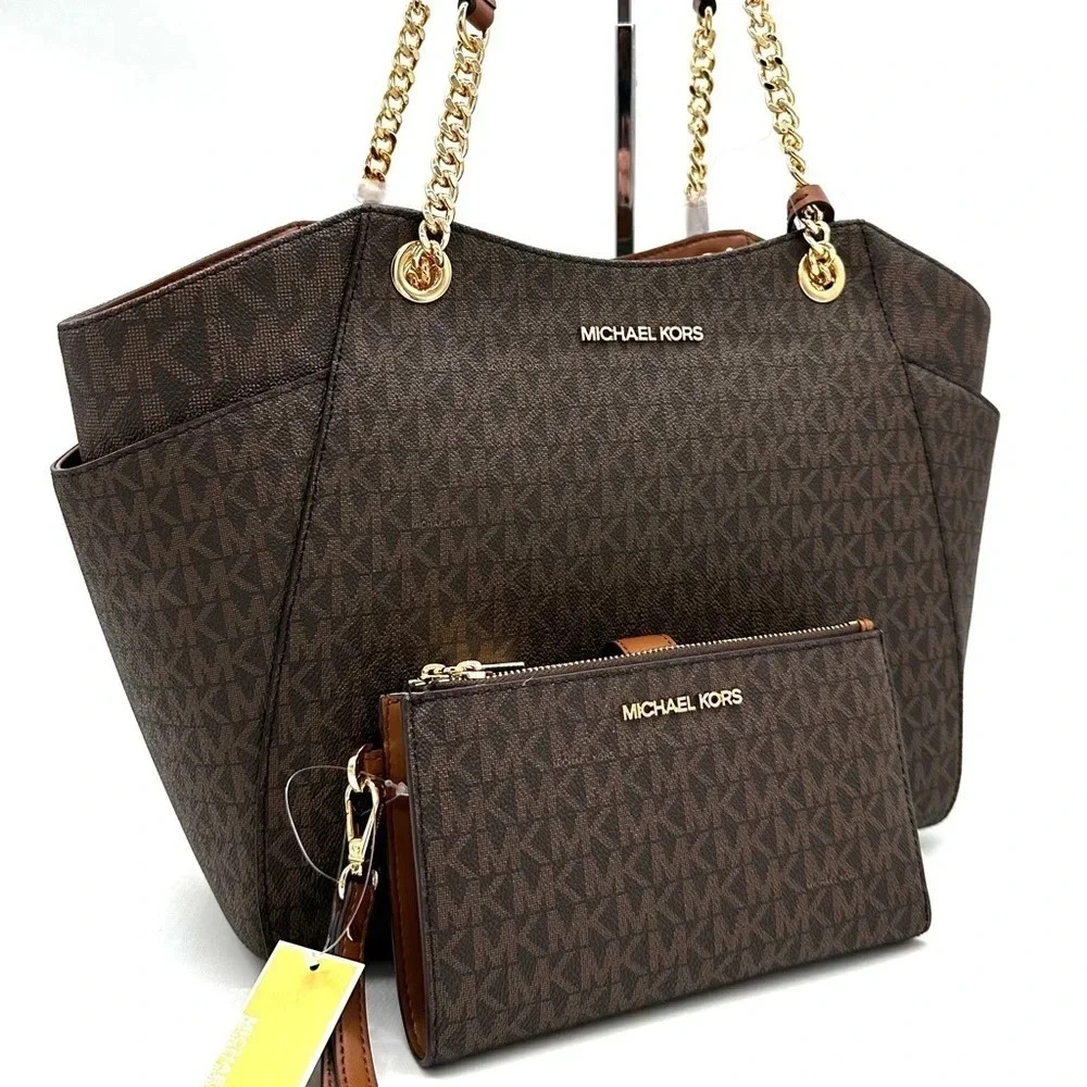 Michael Kors Large Jet Set Travel Chain Shoulder Bag & Double Zip Wallet Brown - Picture 3 of 15
